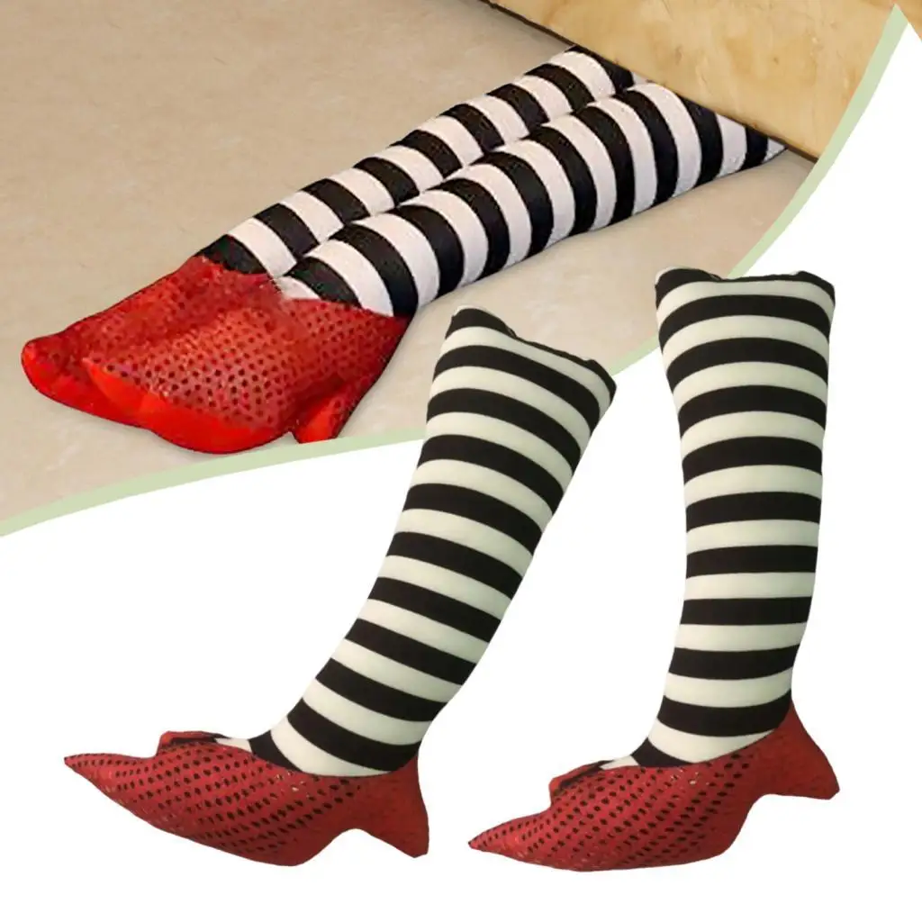 Wicked Witch Legs Halloween Prop Red Shoes for Haunted House Party Porch Decoration Cotton Material Novelty Stripe Pattern view 6