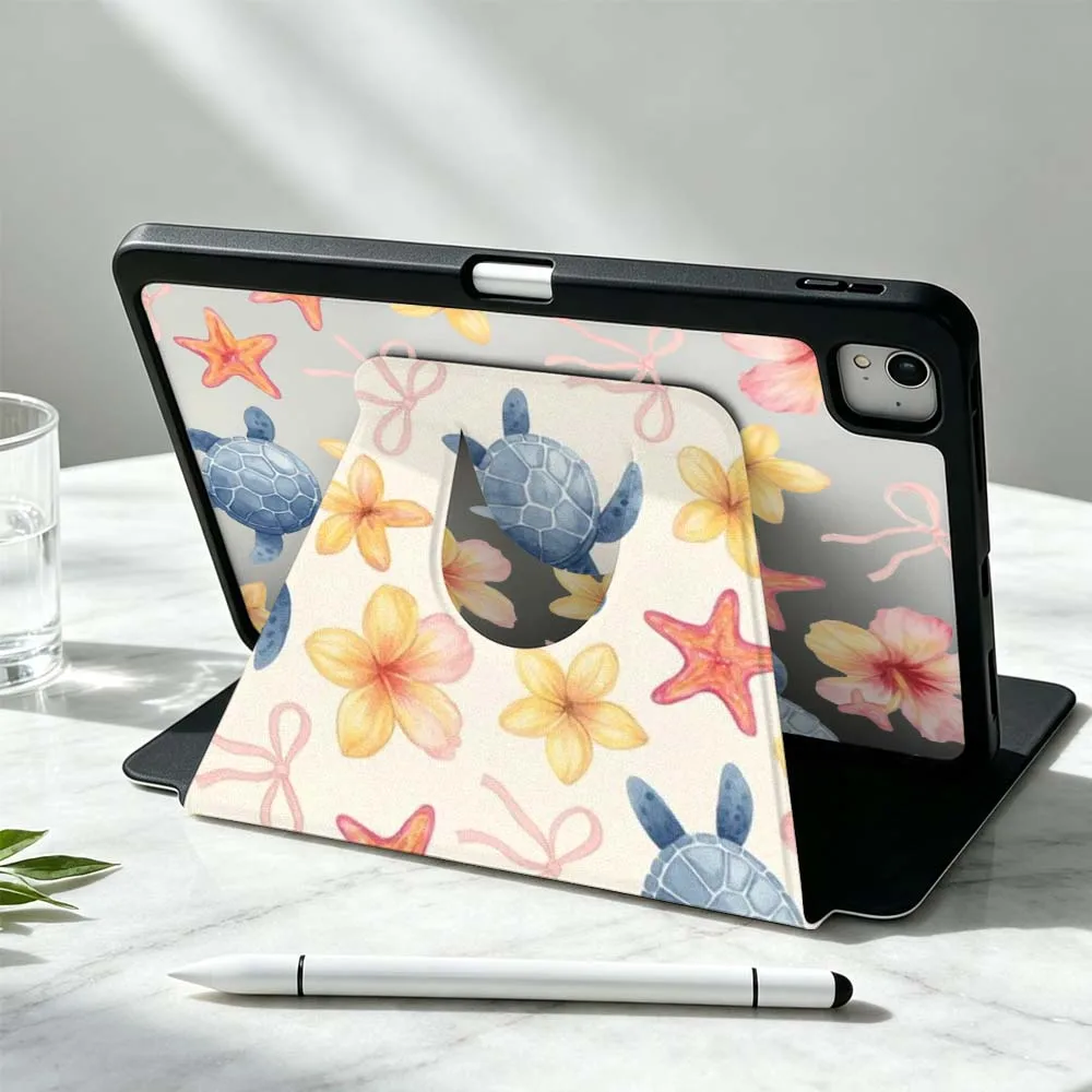 Turtle Flower Pattern Soft For iPad Pro Air mini 6 5 4 12th M5 M4 M3 M2 A16 A17Pro 360° Rotation Stylus Storage Tablet Case