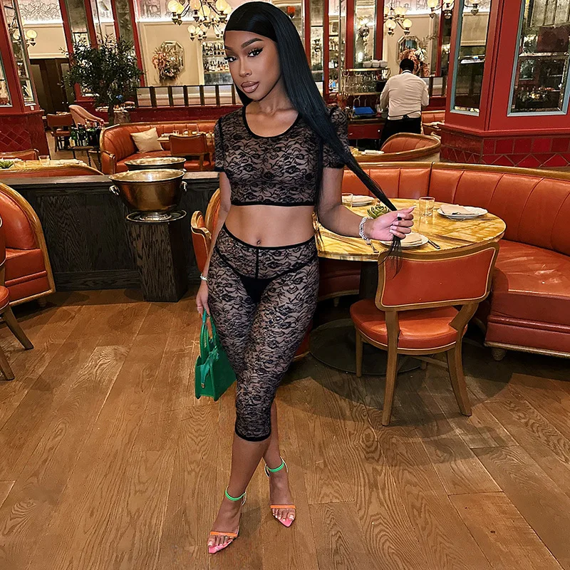 

Women Sexy See Through Lace 2 Piece Set O-neck Short Sleeve Crop Tops + High Waist Capris Pants Slim Party Clubwear Suits