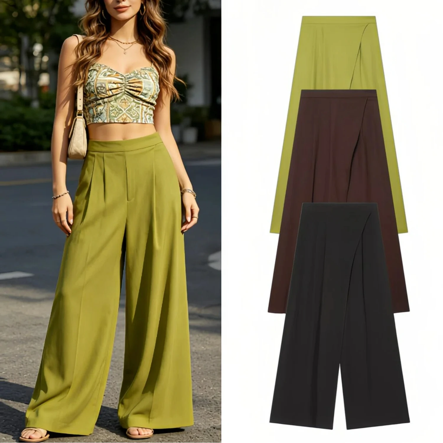 

High Street Women Casual Commute Wrap Wide Leg Pants Elegant Trousers Spring Summer Trendy Leisure Ladies Daily Pants
