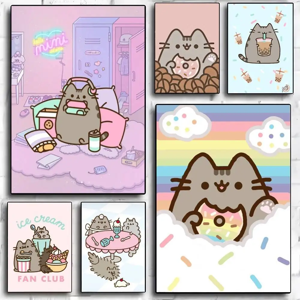 

Cute P-Pusheens Cat Poster HD Self Adhesive Print Fancy Gift Sticker Picture Bed Room Home Wall Art Decor
