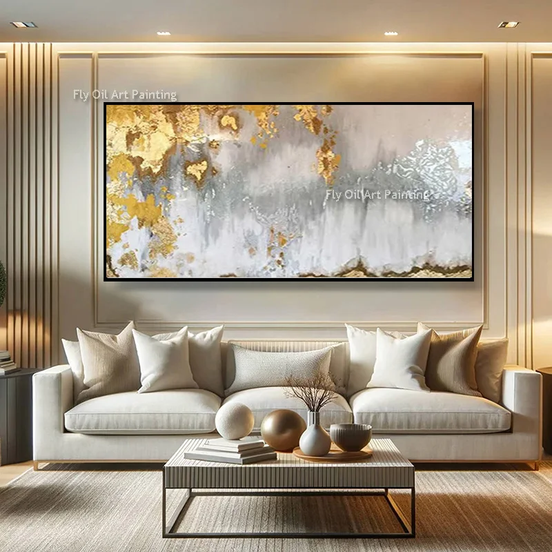 Horizontal Handmade Abstract Oil Painting Gold Silver Foil Textured Canvas Artwork Luxury Home Wall For Living Room Decoration