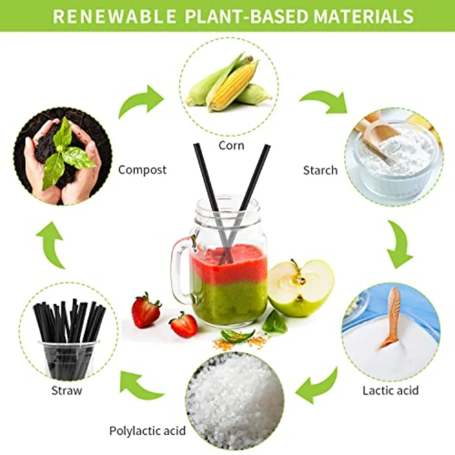 100 Pcs] Biodegradable Compostable Individually Wrapped Straws - PLA Disposable Plant Based Black Straws 8.25