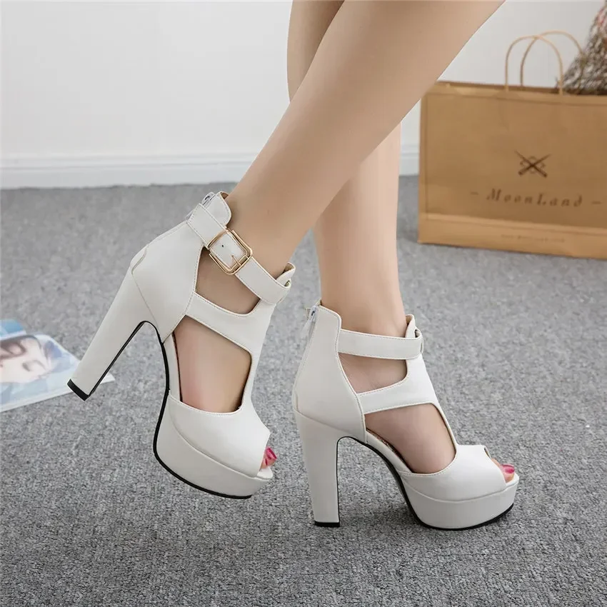 Fashion Gladiator Women Sandals White Yellow High Chunky Heels Party Office Ladies Peep Toe Zipper T-strap Buckle Platform Shoes view 3