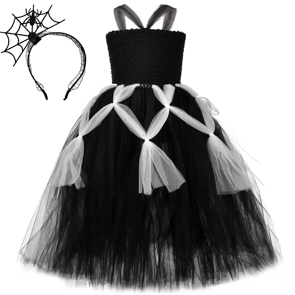 Black Spider Web Hallloween Costumes for Girls Witch Long Tutu Dress for Kids Carnival Party Outfit Children Deguisement Clothes