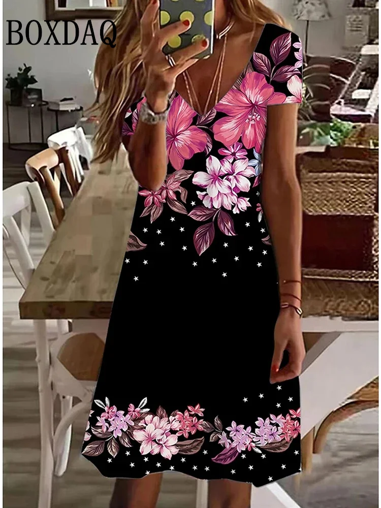 Women's Casual Dress Summer Beach Floral Print V Neck Short Sleeve Dress Fashion Casual Daily Holiday Loose Plus Size Dress 2024