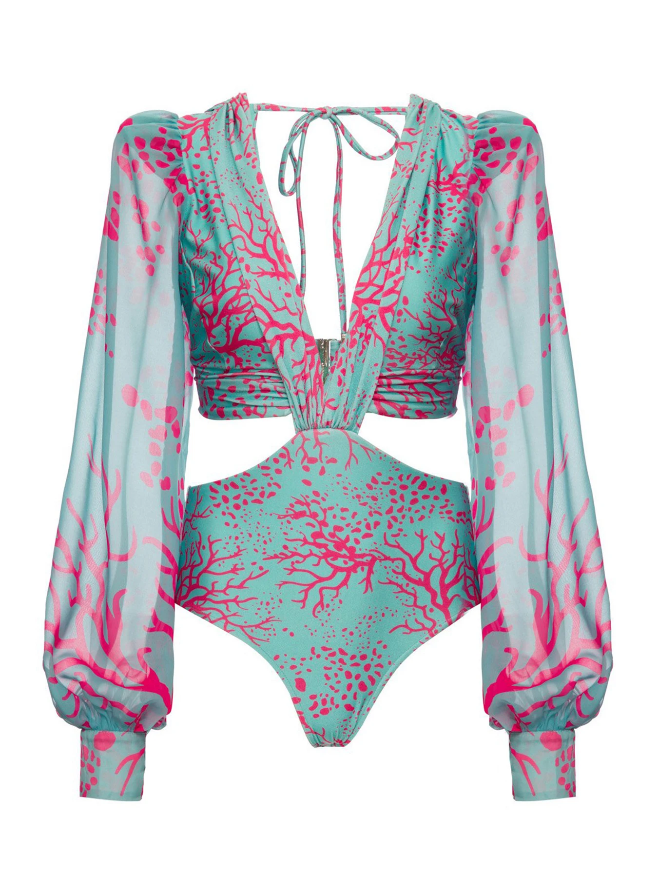 2024 New Plus Size Printed Long Sleeve Swimwear Women One Piece Swimsuit Female Deep V Bodysuit Bathing Suit Beachwear Swim Suit