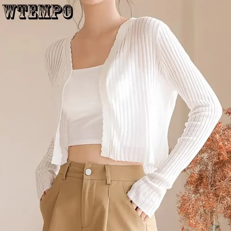 WTEMPO Ice Silk Knitted Sunscreen Cardigans Women\'s New Summer Thin Shawls Button Smock Solid Short Air Conditioned Shirts Coats