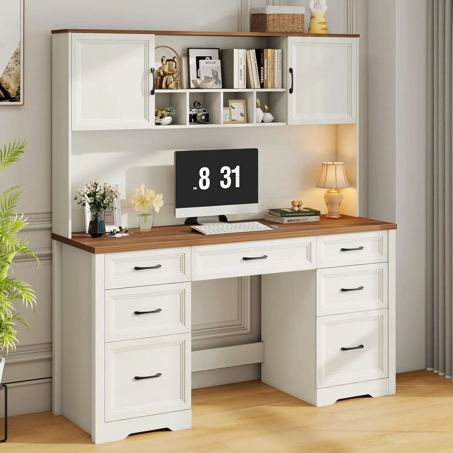 

Farmhouse Executive Desk with 7 Drawers and Storage Cabinet, Rustic Large Home Writing Desk with Hutch,Customized