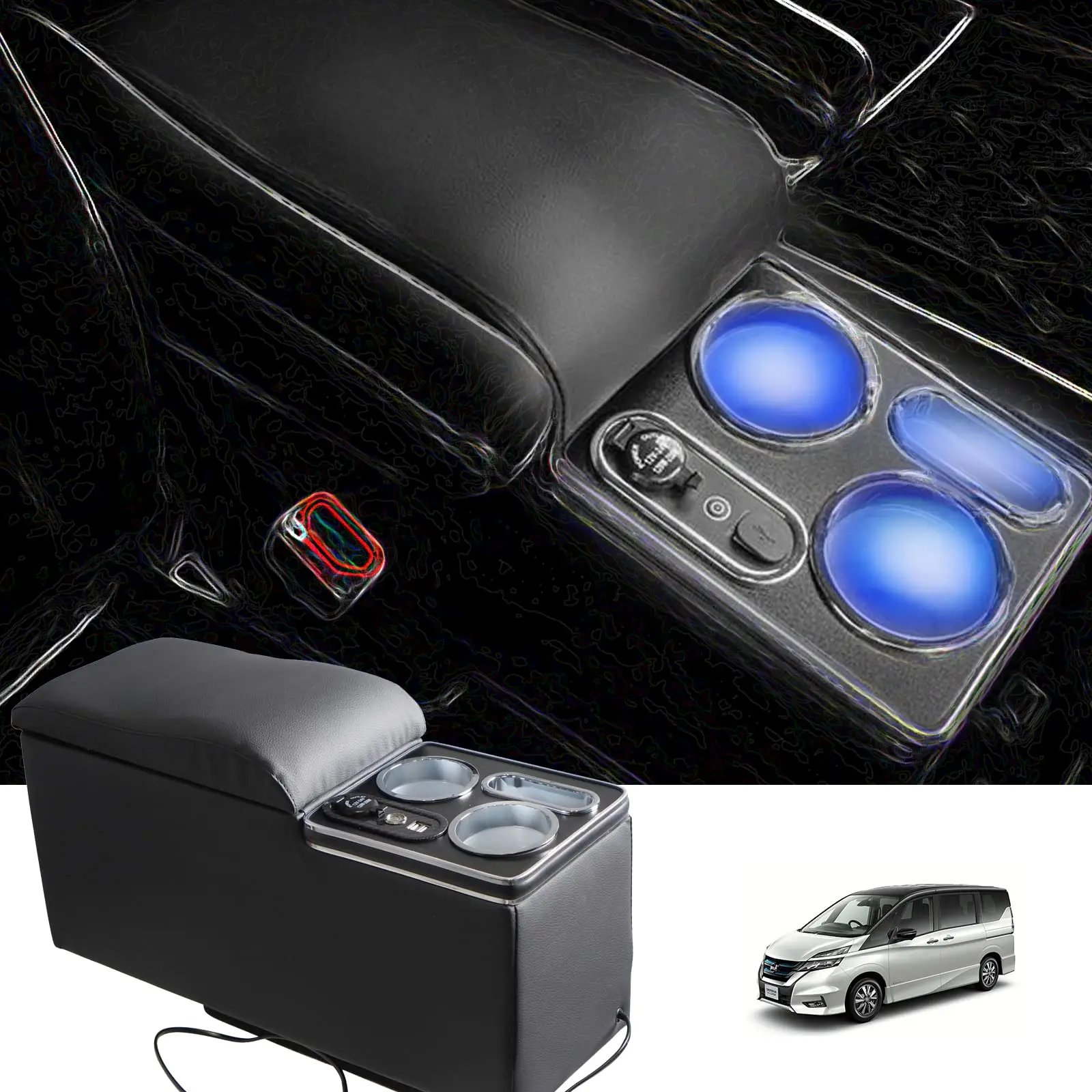 Factory Hot Selling Nissan Serena C27 Console Box Armrest SERENA E-Power Smart Console Drink Holder LED USB Port Convenient Stor