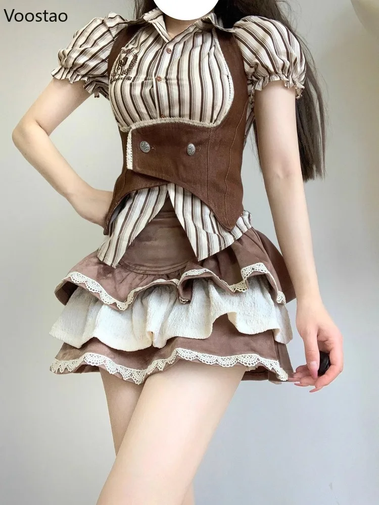 Ensemble de jupe de style Lolita douce japonaise pour femmes, chemise à rayures Kawaii, volants en dentelle en Y, mini jupes de gâteau trempées, tenues coréennes Y2K