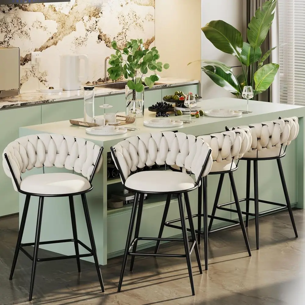 Set of 4 Velvet Bar Stools, Upholstered Woven Counter Height with Back, Ideal for Kitchen Island, Dining Room - Ivory - view 2