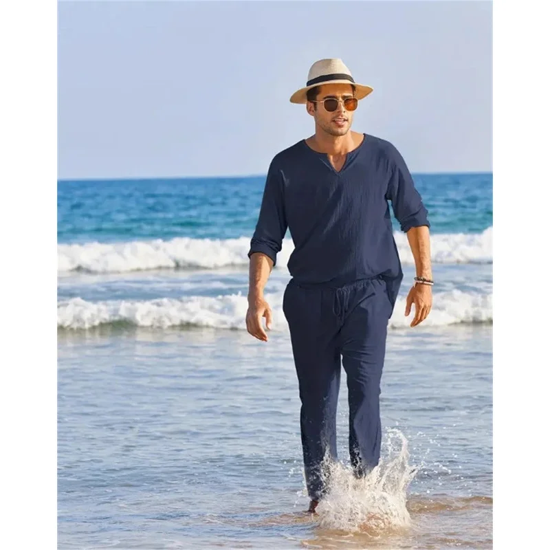 2024 2pcs Set Men's Shirt and Pants Suits for Men Small V-neck Beach Wear Tracksuit Solid Color Shirts Sweatpants Hawaiian Vacat