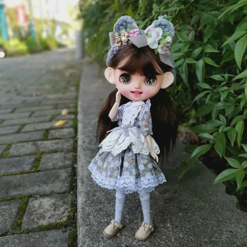 

Handmade 1/6 BJD Doll Clothes Grey Ear Hairband Bow Hairpin Lace Top Dress Shorts Socks Cute Set For Blythe Azone Pullip Clothes