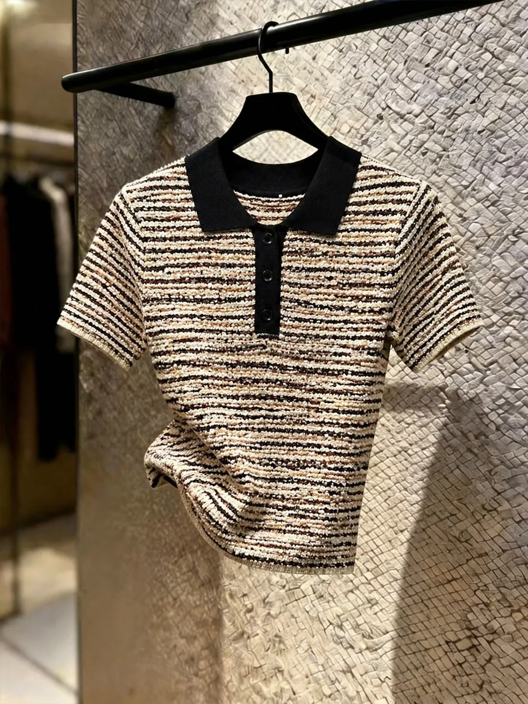 

Korean Style Commute Neck Stripe Short Sleeve Knitted Women's Summer Versatile Slimming Casual Style Small Shirt