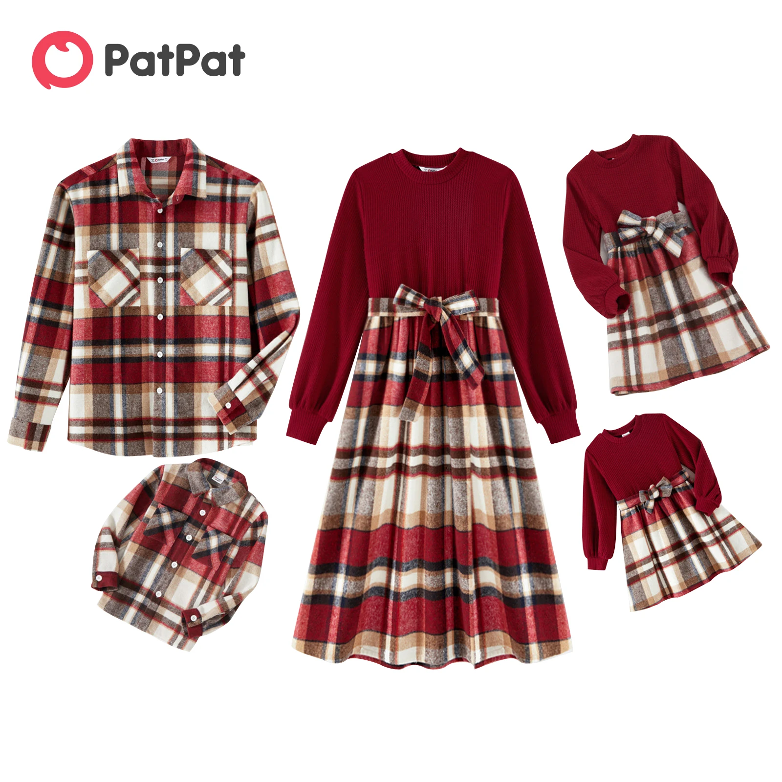 

PatPat Valentine's Days Family Matching Outfits Solid Ribbed Spliced Plaid Belted Dresses and Long-sleeve Button Up Shirts Sets