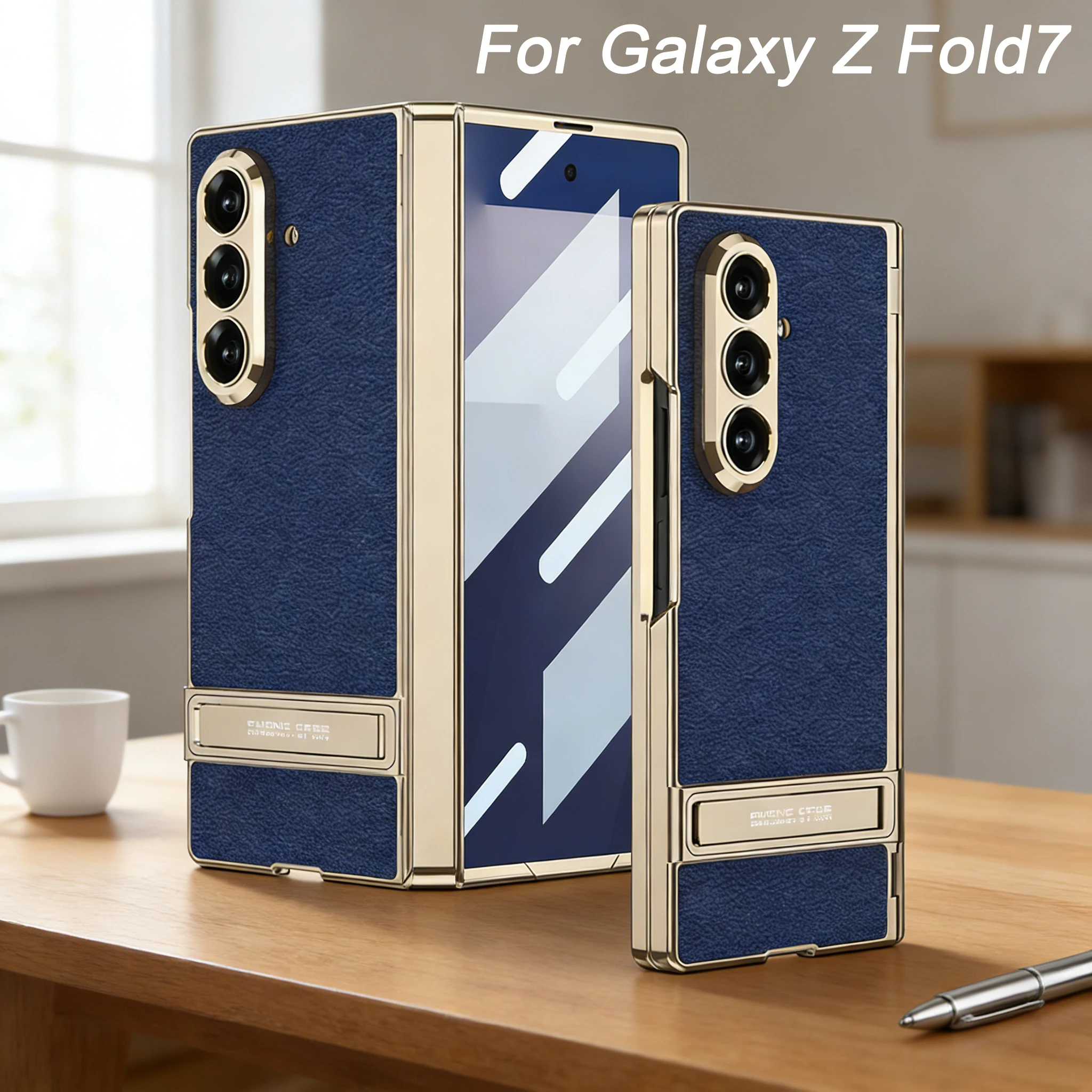 Magnetyczne etui z zawiasem i skórzanym uchwytem do Samsunga Galaxy Z Fold 7, z ramką ochronną na przedni ekran ze szkła hartowanego do Galaxy Z Fold7.
