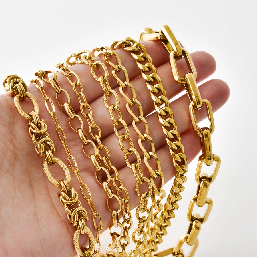 Stainless Steel Large Heavy Chunky Hip Hop Punk Link Real Gold Plated Chains DIY Jewelry Materials Handmade Necklace Bracelet