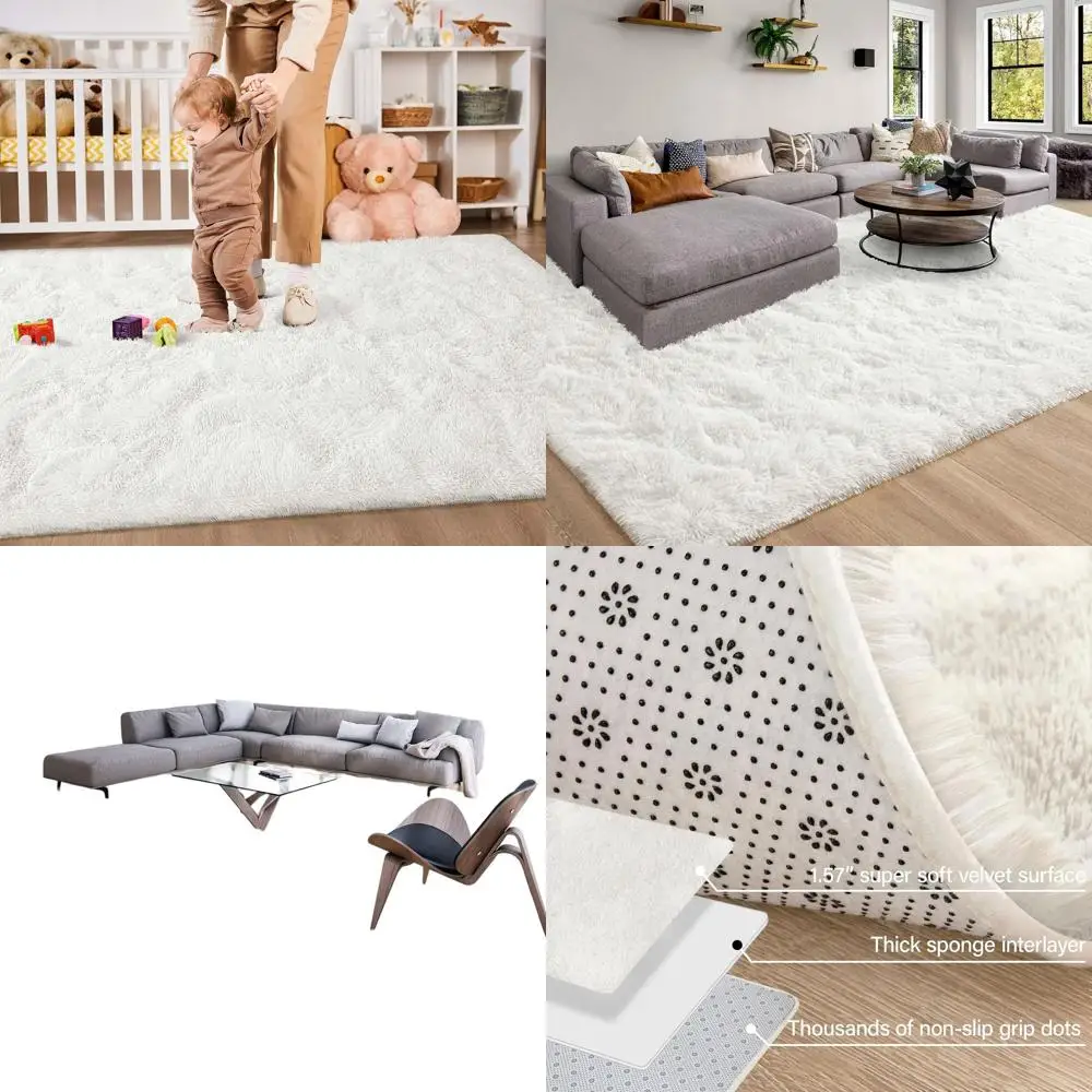 

Плюшевый лохматый ковер цвета слоновой кости, 9x12 футов, нескользящий, идеально подходит для гостиной, спальни, детской комнаты и детской комнаты