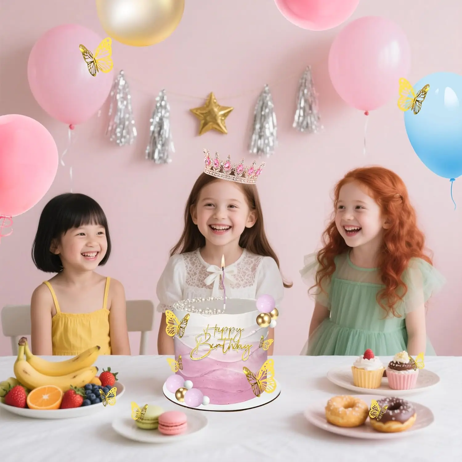 Kronen-Kuchenaufsatz, Kugeln, alles Gute zum Geburtstag, Kuchenaufsätze mit Kerzen, goldene Schmetterlinge, Kuchendekorationen für Hochzeit, Babyparty, Party – Detail 4