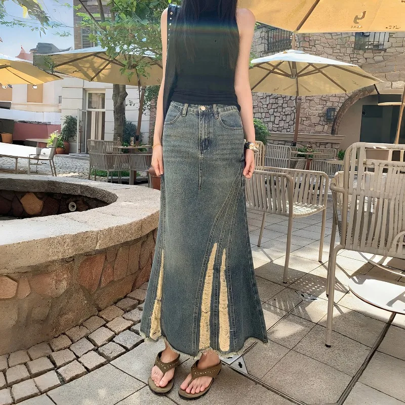 Vintage Western Retro Women's Skirt Bootcut Frayed Edge High Waist Denim Pencil Midi Skirt