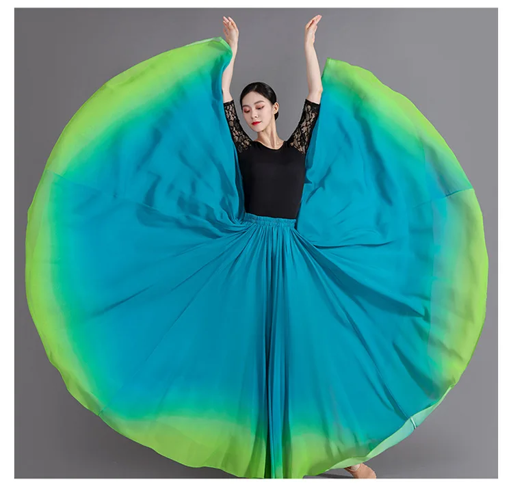Women's 360-720 Degrees Big-hem Dance Skirts Gradient Color Chiffon Maxi Skirts Elastic-waist Elegant Square Dance A-line Skirts