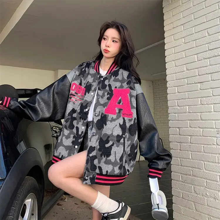 Baseball Jacket Camouflage Letter Embroidery Fashion Jackets Women Retro Patchwork Knitting American American High Street 2024