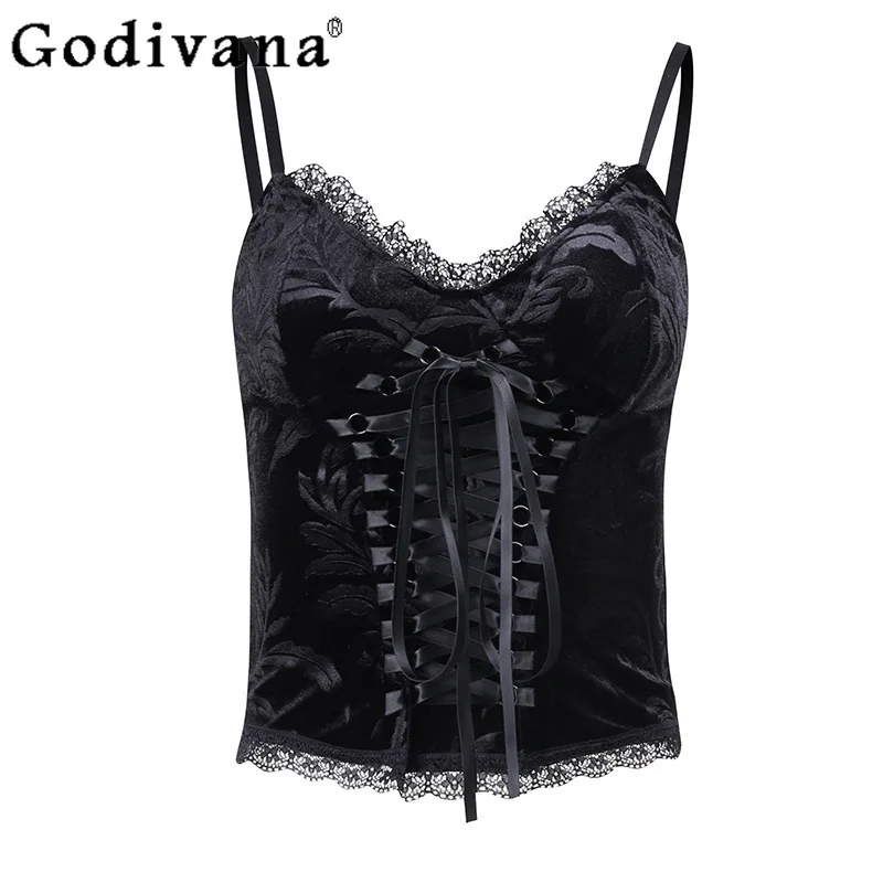 

Velvet Lace-up Personalized Street Lace Jacquard Backless Vest Sweet Cool Girl Black Sexy V-neck Versatile Punk Suspender Vests