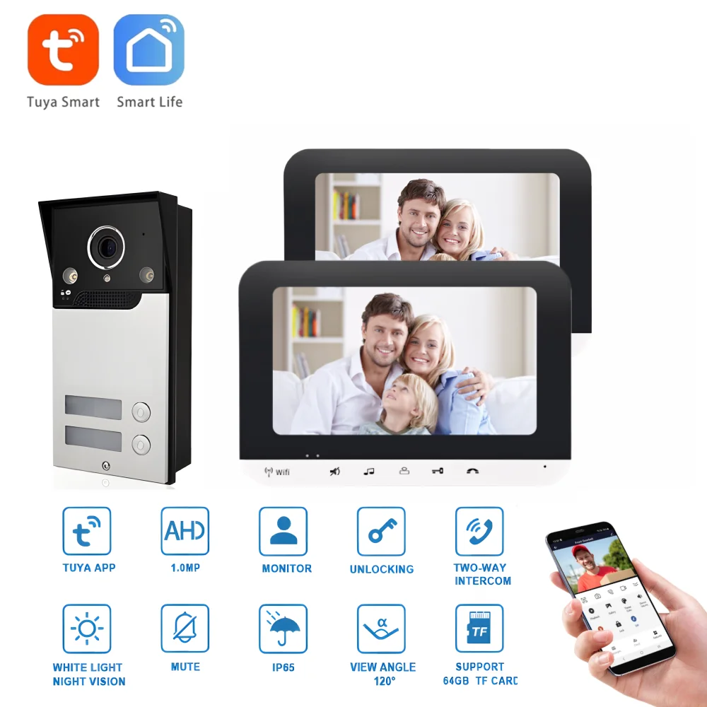 7 Inch Tuya WiFi Video Intercom in Private House Smart Interphone Doorbell Camera Door Entry System for 2 3 4 Home Apartment