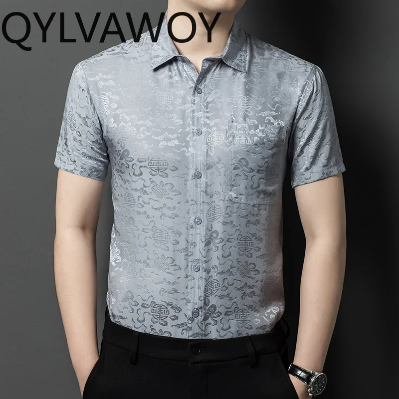 QYLVAWOY 100% Real Mulberry Silk Shirts for Man Clothing Summer 2026 Fashion Short Sleeve Tops Men Casual Shirt with Pockets
