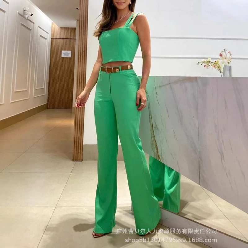 

Pant Set Women Two Piece Sets Sling Matching Sets Short Vest Tops Wide Leg Long Pants High Waist Y2k Streetwear Work Elegant