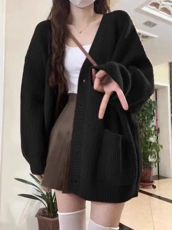 

2025 New Wine Red Lazy Sle Knitted Open Cardigan Sweater Autumn Winter Outerwear Loose Top Women's Faion Casual Wear