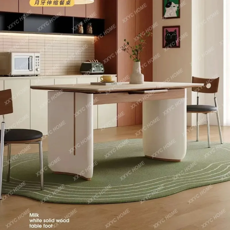XX Medieval Travertine Rock Slab Dining Table Retractable Small Apartment Space-saving Household High-end Rectangular Dining Tab