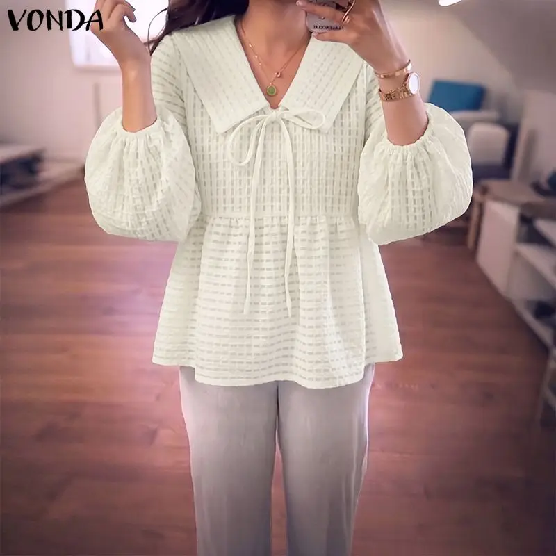 VONDA Women Blouse French Style Casual Spring Tops Elegant V Neck Tie Front Lantern Sleeve Shirts Fashion Solid Color Blusas 2