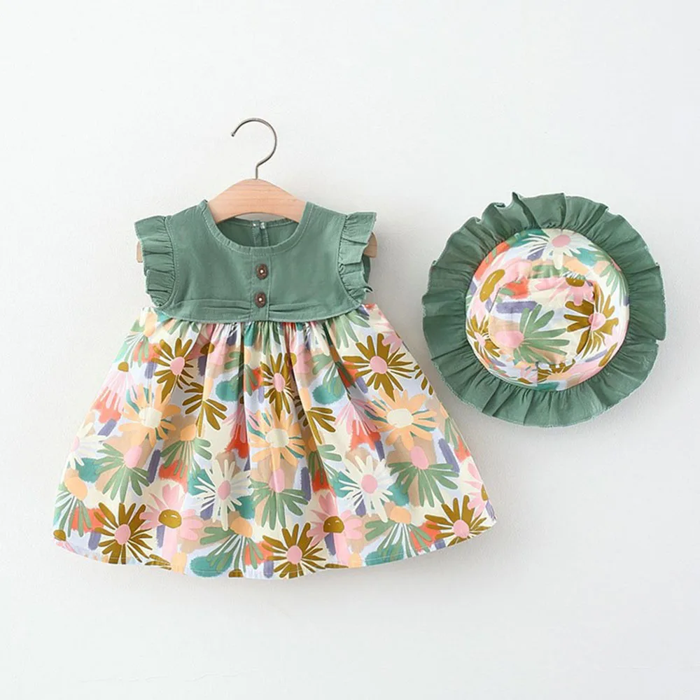 2024 Summer Outfit Toddler Girl Dresses Korean Fashion Cartoon Cute Print Cotton Baby Princess Dress+Sunhat Newborn Clothes Set