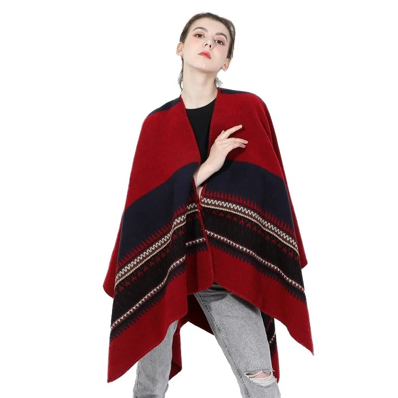 New Poncho Capes Women Winter Scarf Shawl Ladies Vintage Plaid Blanket Knit Wrap Cashmere Female Stripe Poncho