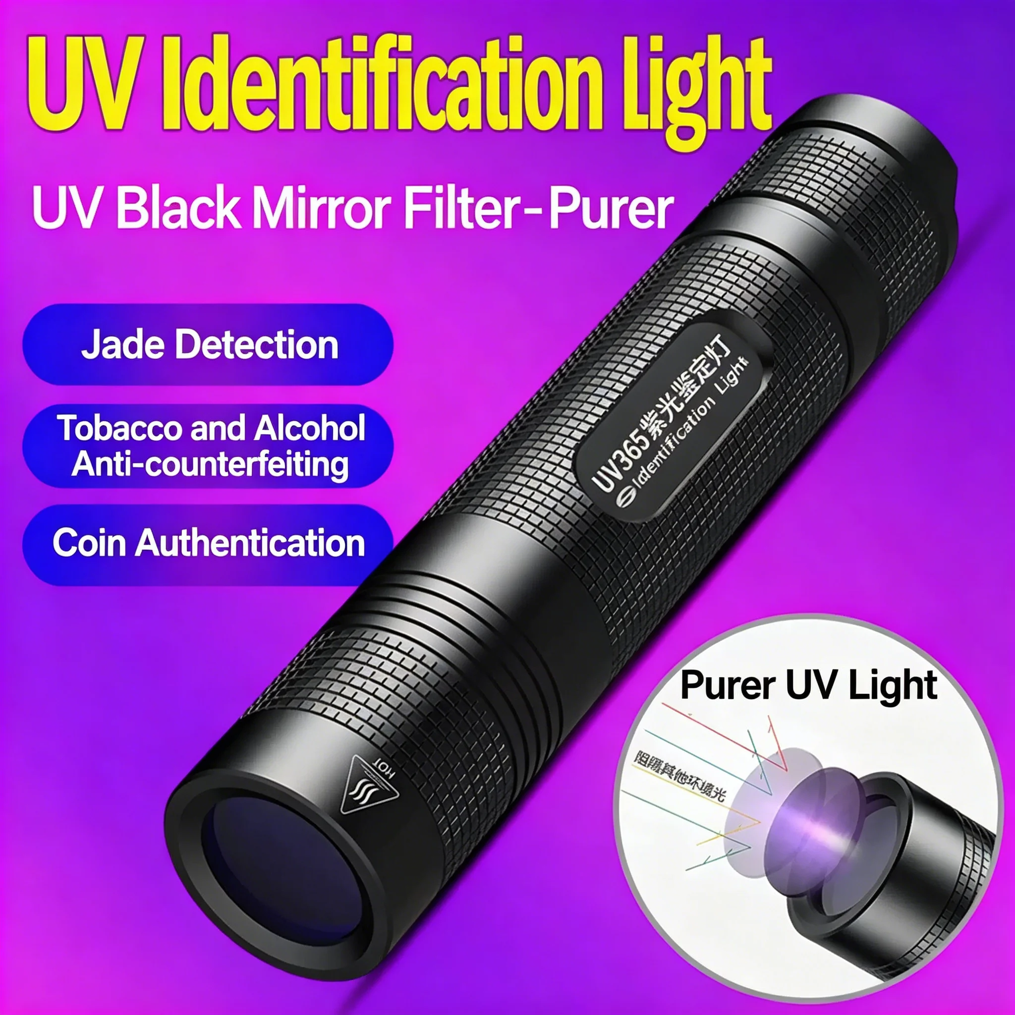 

USB Rechargeable 365nm UV LED Flashlight Multi-Function Blacklight Torch for Pet Urine Stain Currency Detector Outdoor