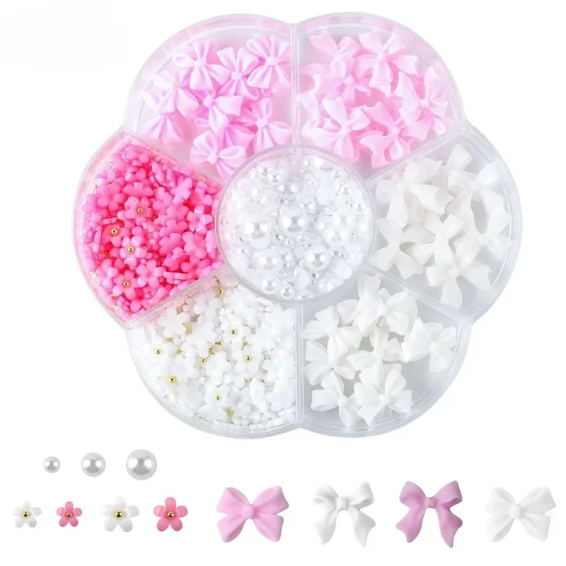 Mixed Acrylic Bowknot 3D Nail Art Decorations Flower Resin Charms Gold Beads Caviar Pearl Mixed Rhinestones Boxed