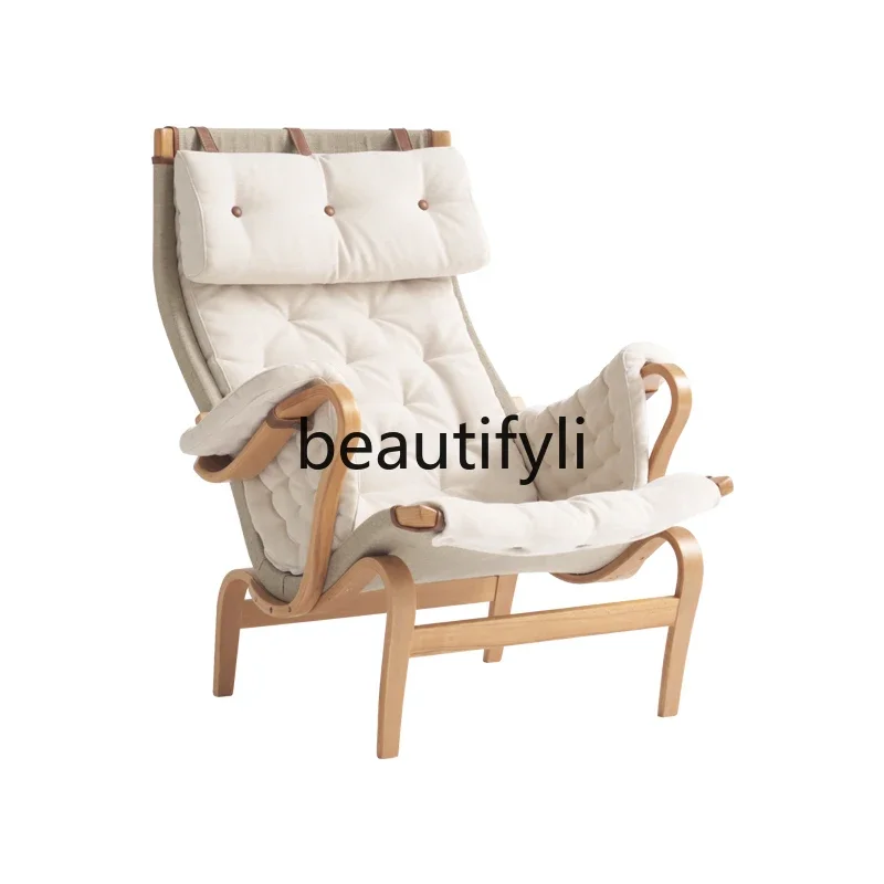 

Leisure chair, retro fabric single chair, simple office single solid wood sofa chair