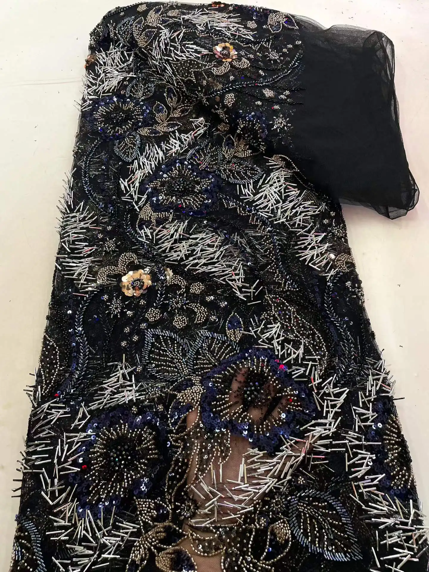 2026 Luxury African Sequins Beads Lace Fabric High Quality 3D Applique Tassels Lace 5 Yards French Fabric For Bridal Party Dress