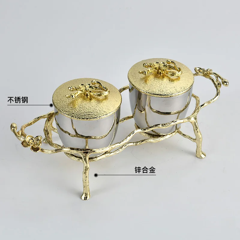 

Stainless steel seasoning tank combination set, light luxury with lid, gold decorative plum blossom ornament, gifts, high value