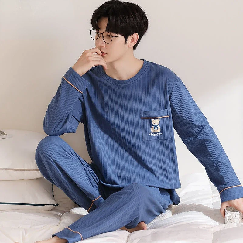 Piyama katun pria, set lengan panjang celana panjang baju tidur Pullover pakaian rumah busana Korea longgar kasual