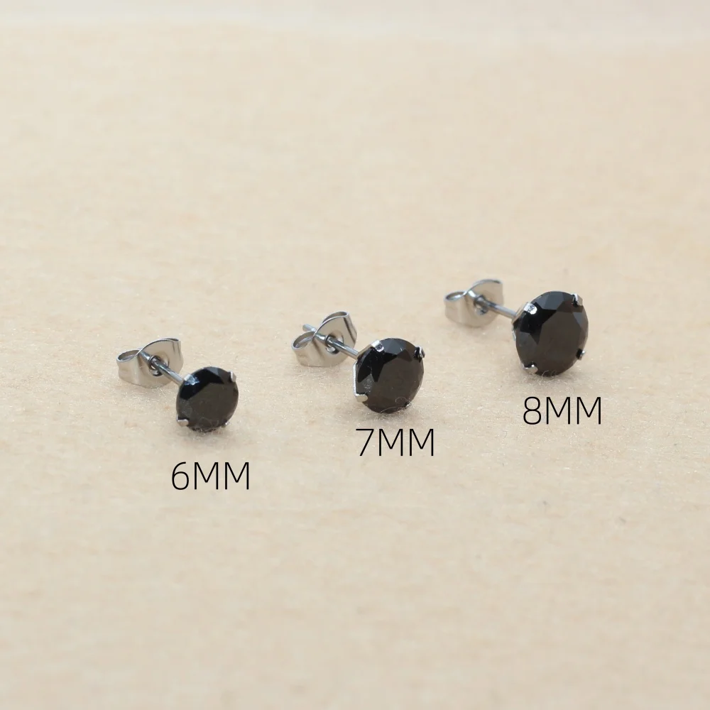 Edelstahl-Ohrstecker für Damen und Herren, AAA Schwarze Runde Zirkonia, 6 7 8mm, IP-Beschichtung, Langanhaltende Farbe – Detail 3
