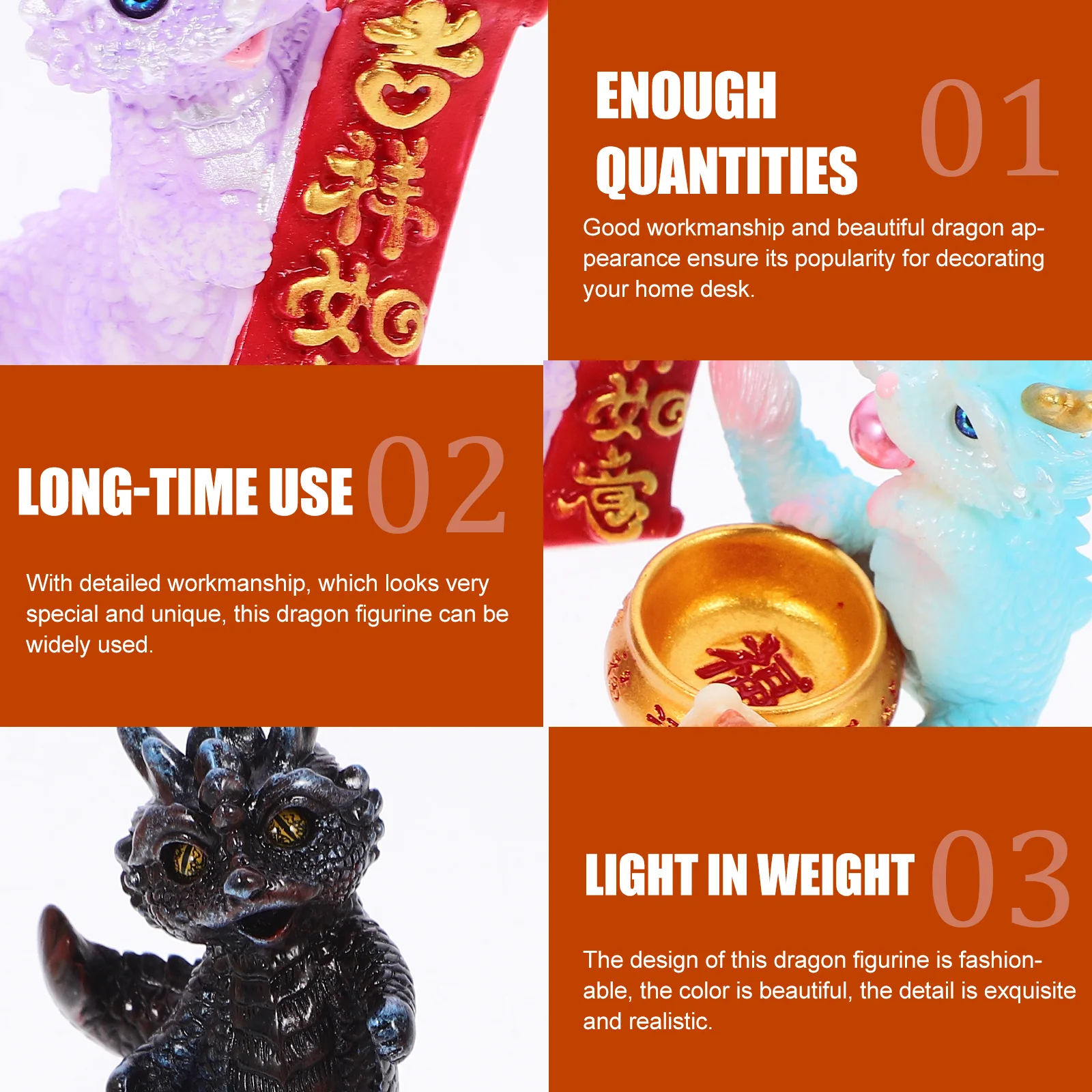 Decoración de dragón de resina, aspecto bonito, mano de obra fina, adorno de escritorio para el hogar y el jardín, estatua de dragón, adorno de escritorio, 5 uds.