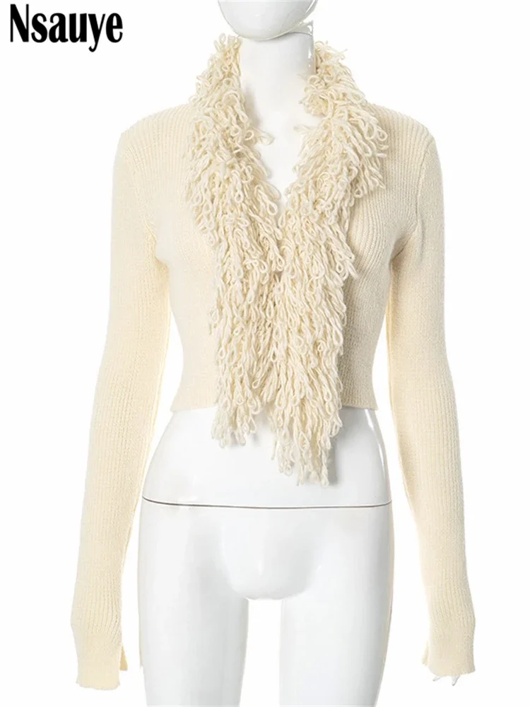 Nsauye Women Warm Tassel Sweater Jacket Tops 2024 Casual Mini Fashion Sexy Club Knitted Y2K Streetwear Cardigans Winter Coat