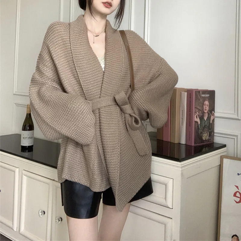 Women Knit Cardigan Sweater Coats Lace Up Open Stitch Jackets Full Sleeve Work Casual Y2k Streetwear Elegant 2026 Autumn Winter