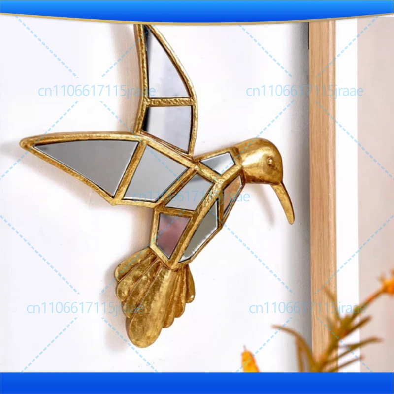Golden Bird Mirror Wall Hanging Piece Resin Handicrafts Golden Hummingbird Background Wall Decoration Mirror Hanging Piece