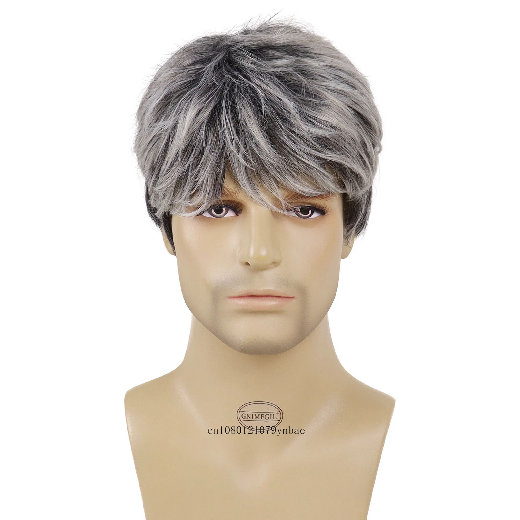 Male Mix Grey Wigs Synthetic Hair Short Wig with Bangs for Men Daddy Hairstyles Gifts Daily Cosplay Costume Party Heat Resistant