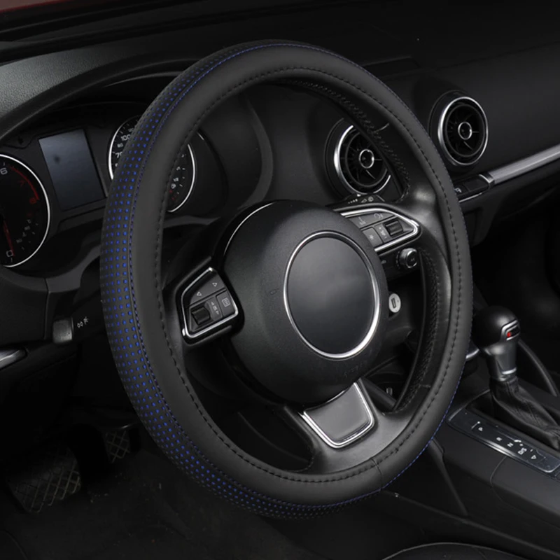 Sports Style Car Steering Wheel Cover PU Leather With Anti-slip Braiding Universal Fit For 15 inch model