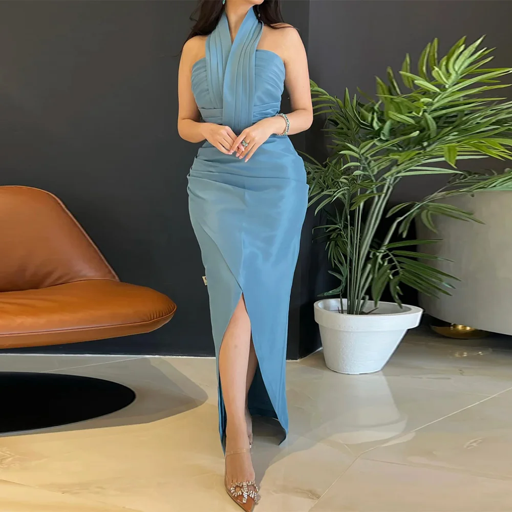 

Customized Simple Halter Sleeveless Evening Dress Mermaid Formal Celebrity Gowns Front Fork Floor Length Homecoming Dress